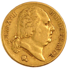 FRANCE, Louis XVIII, 20 Francs, 1822, Paris, EF(40-45), Gold, Gadoury #1028,...