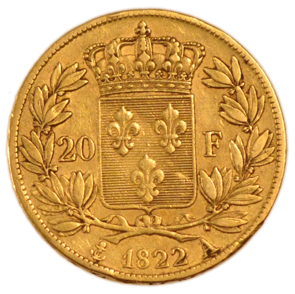 FRANCE, Louis XVIII, 20 Francs, 1822, Paris, EF(40-45), Gold, Gadoury #1028,...