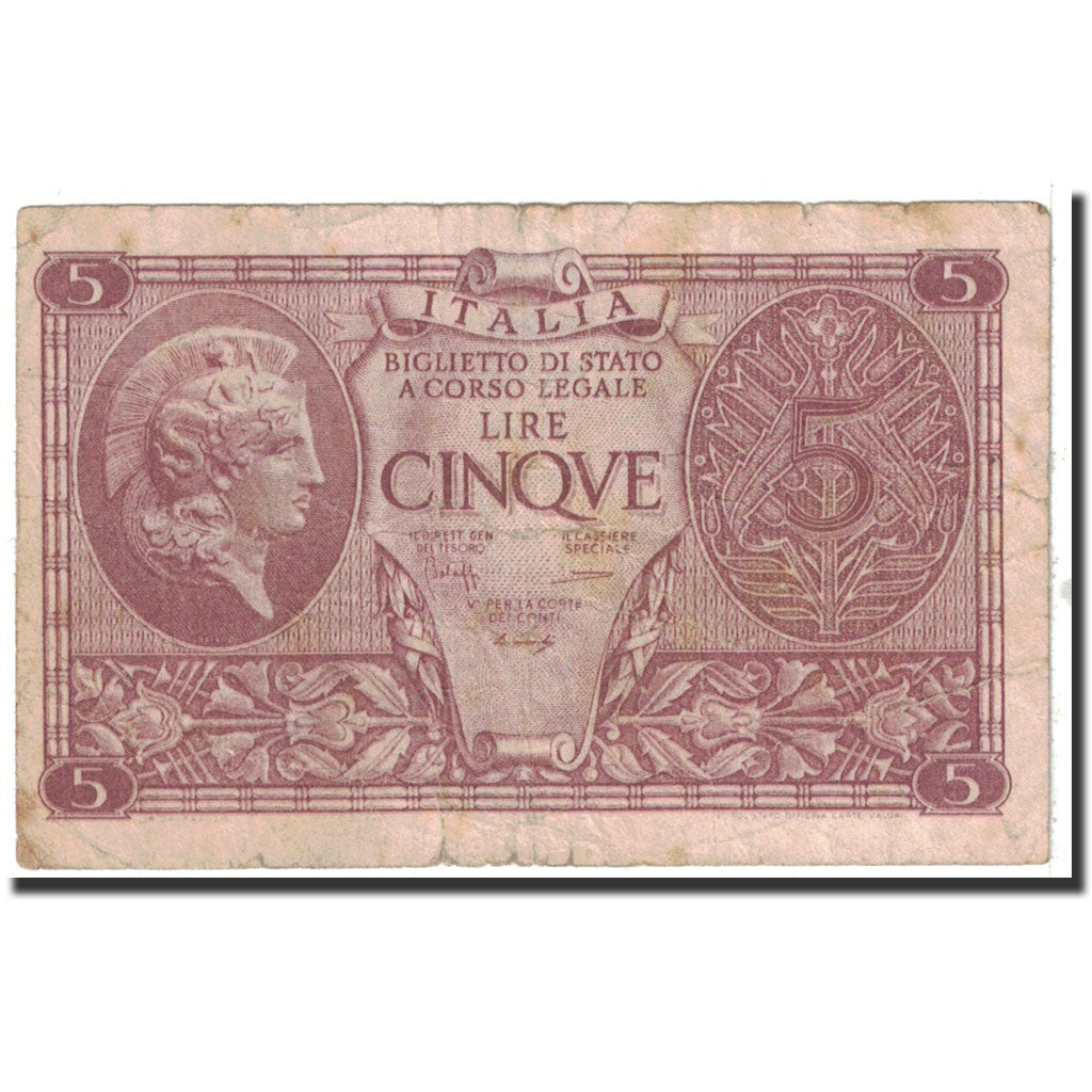 Banknote, Italy, 5 Lire, 1944, 1944-11-23, KM:31b, VF(20-25)