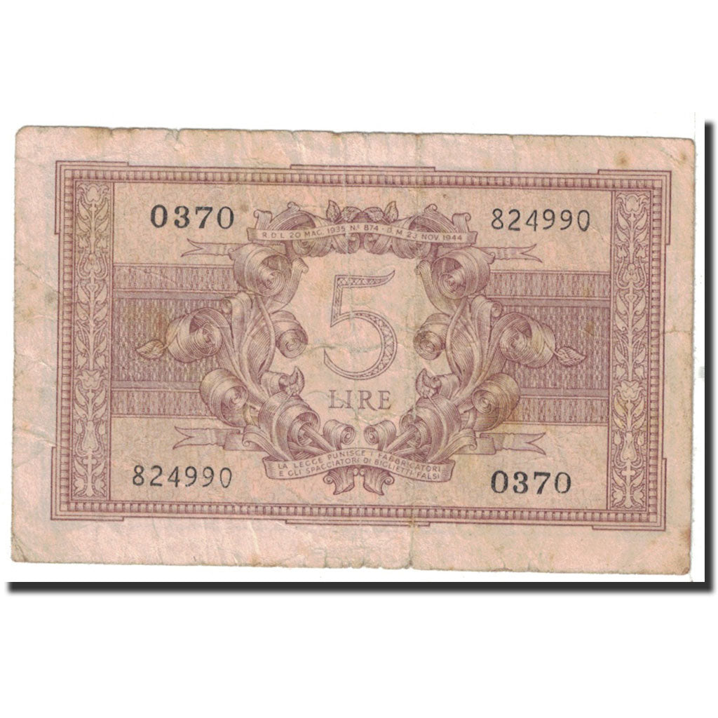 Banknote, Italy, 5 Lire, 1944, 1944-11-23, KM:31b, VF(20-25)