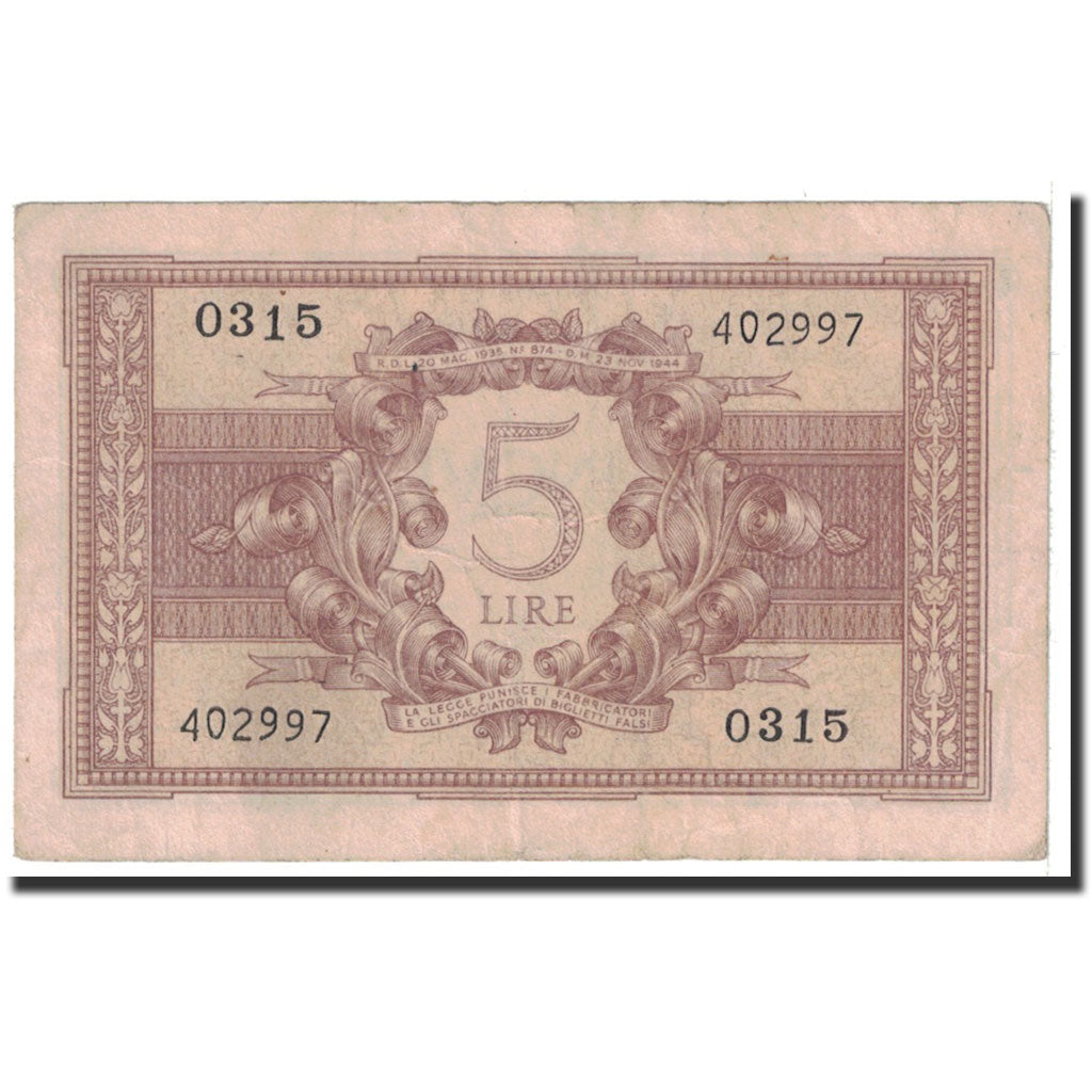 Banknote, Italy, 5 Lire, 1944, 1944-11-23, KM:31b, EF(40-45)