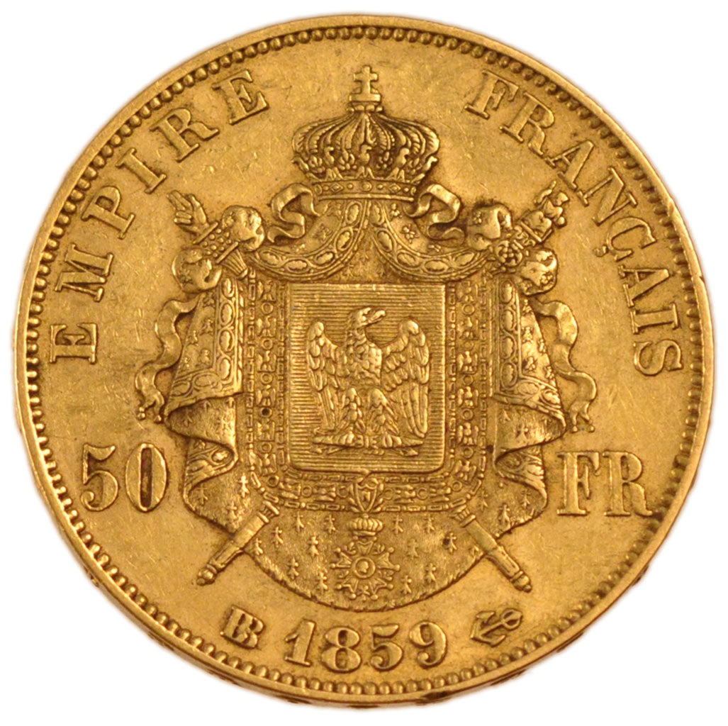 FRANCE, Napoléon III, 50 Francs, 1859, Strasbourg, KM #785.2, AU(50-53), Gold, G