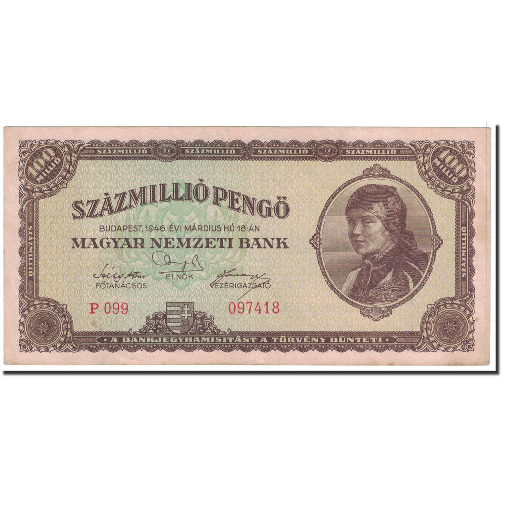 Banknote, Hungary, 100,000,000 Pengö, 1946, 1946-03-18, KM:124, AU(50-53)