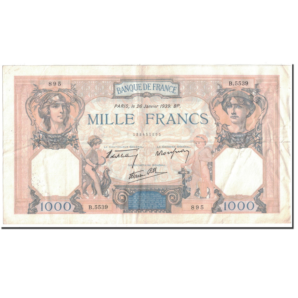 France, 1000 Francs, 1 000 F 1927-1940 ''Cérès et Mercure'', 1939, 1939-01-26