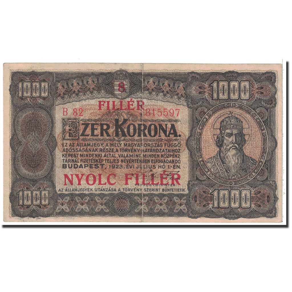 Banknot, Węgry, 8 Fillér on 1000 Korona, 1923, 1923-07-01, KM:81b, EF(40-45)