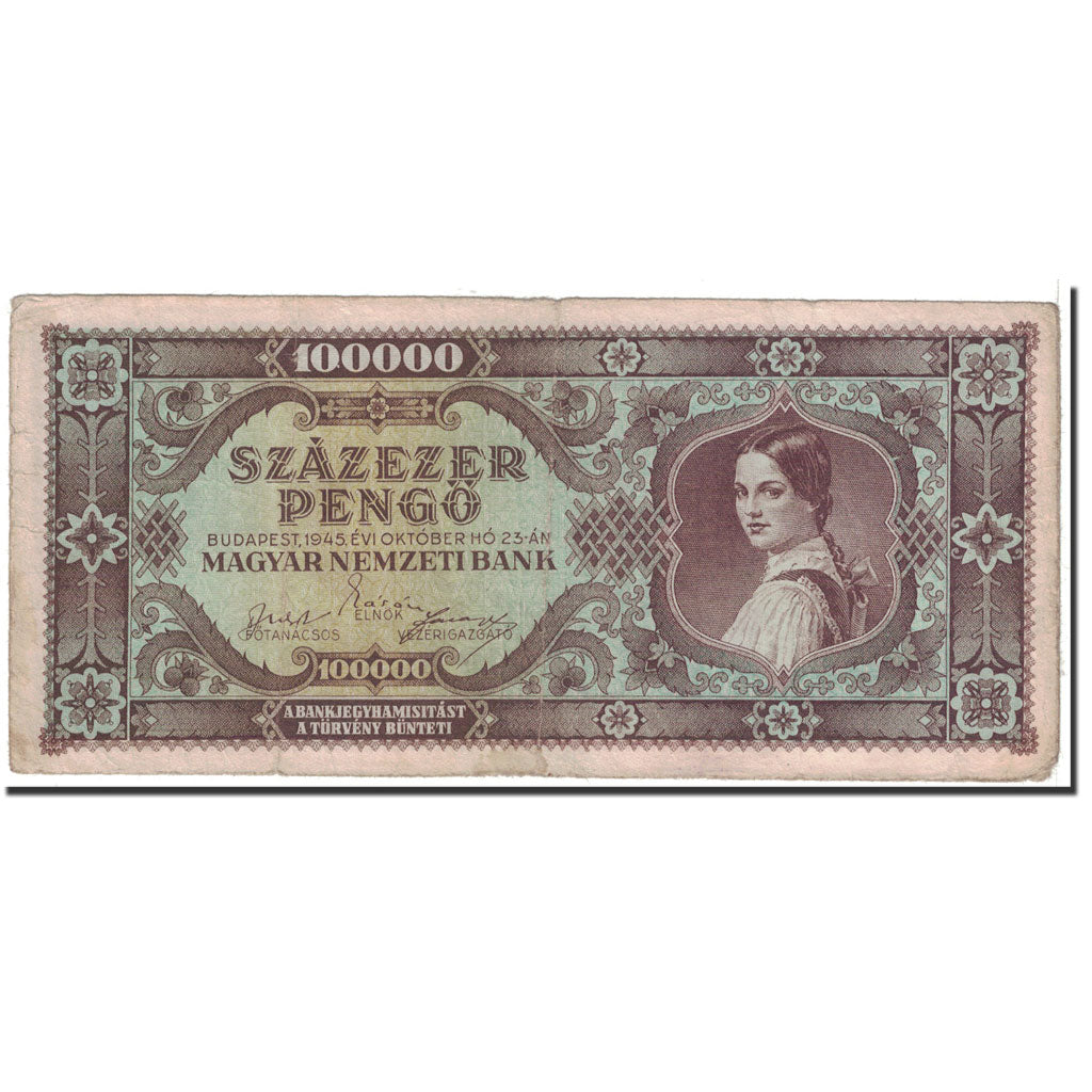 Banknote, Hungary, 100,000 Pengö, 1945, 1945-10-23, KM:121a, EF(40-45)