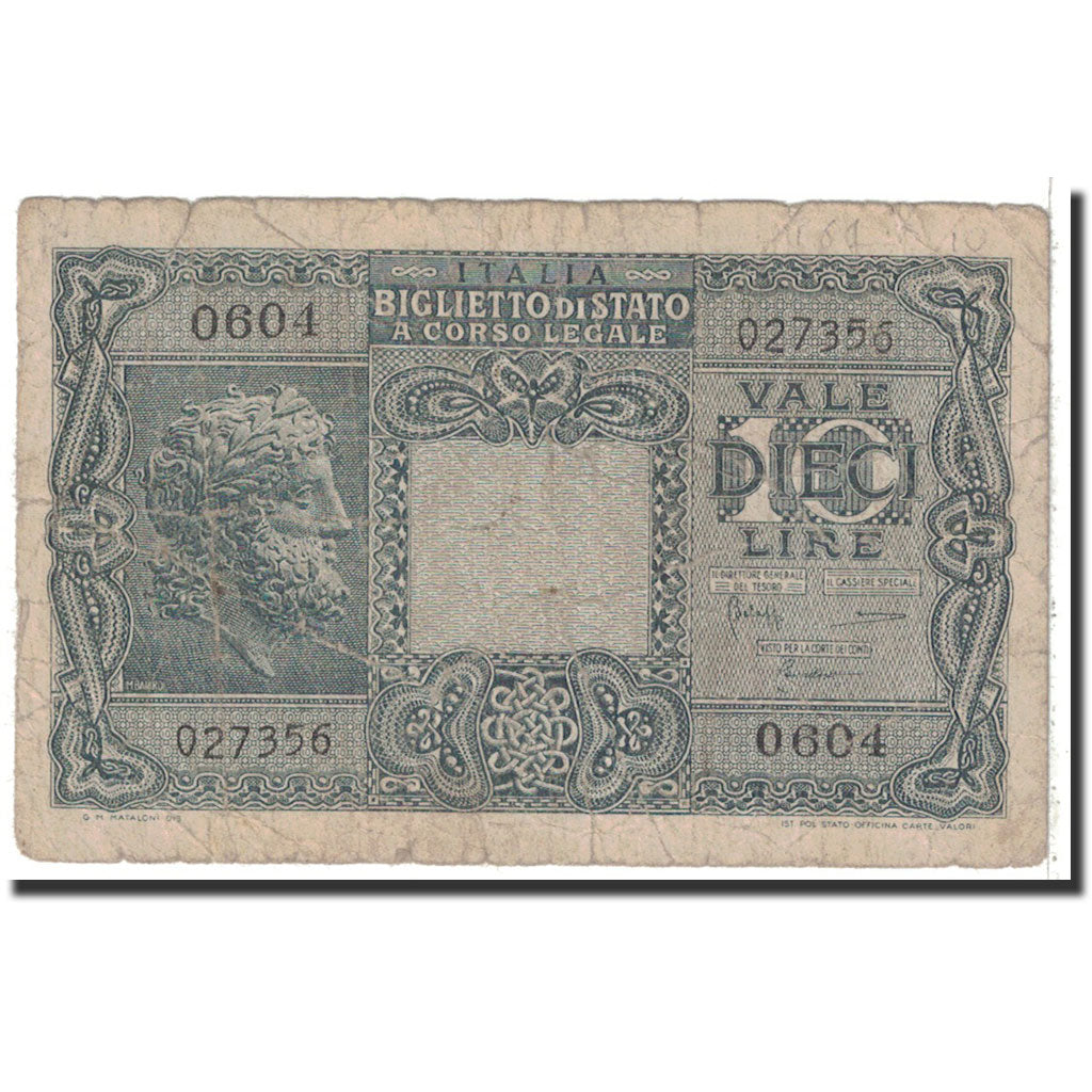 Banknote, Italy, 10 Lire, 1944, 1944-11-23, KM:32c, VG(8-10)