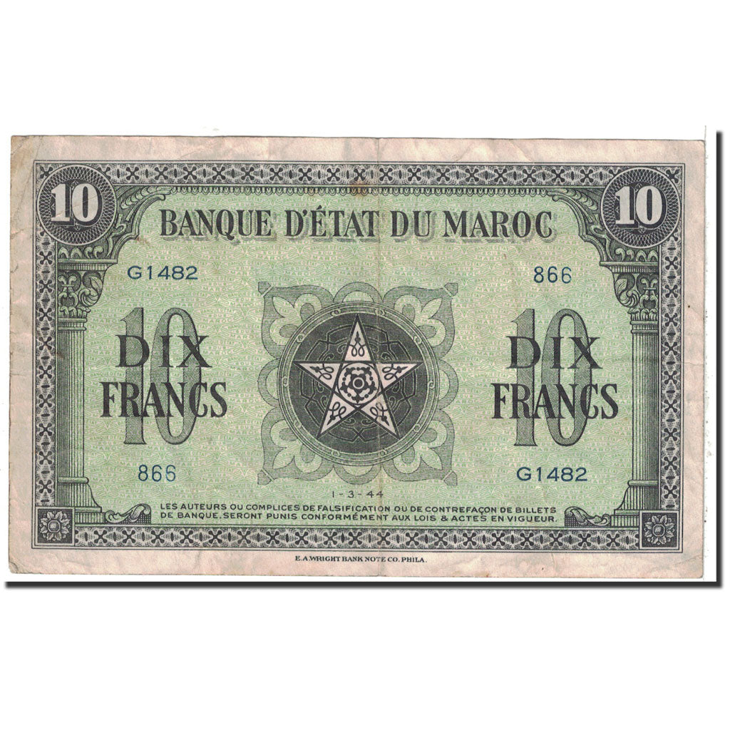Banknote, Morocco, 10 Francs, 1944, 1944-03-01, KM:25a, VF(20-25)