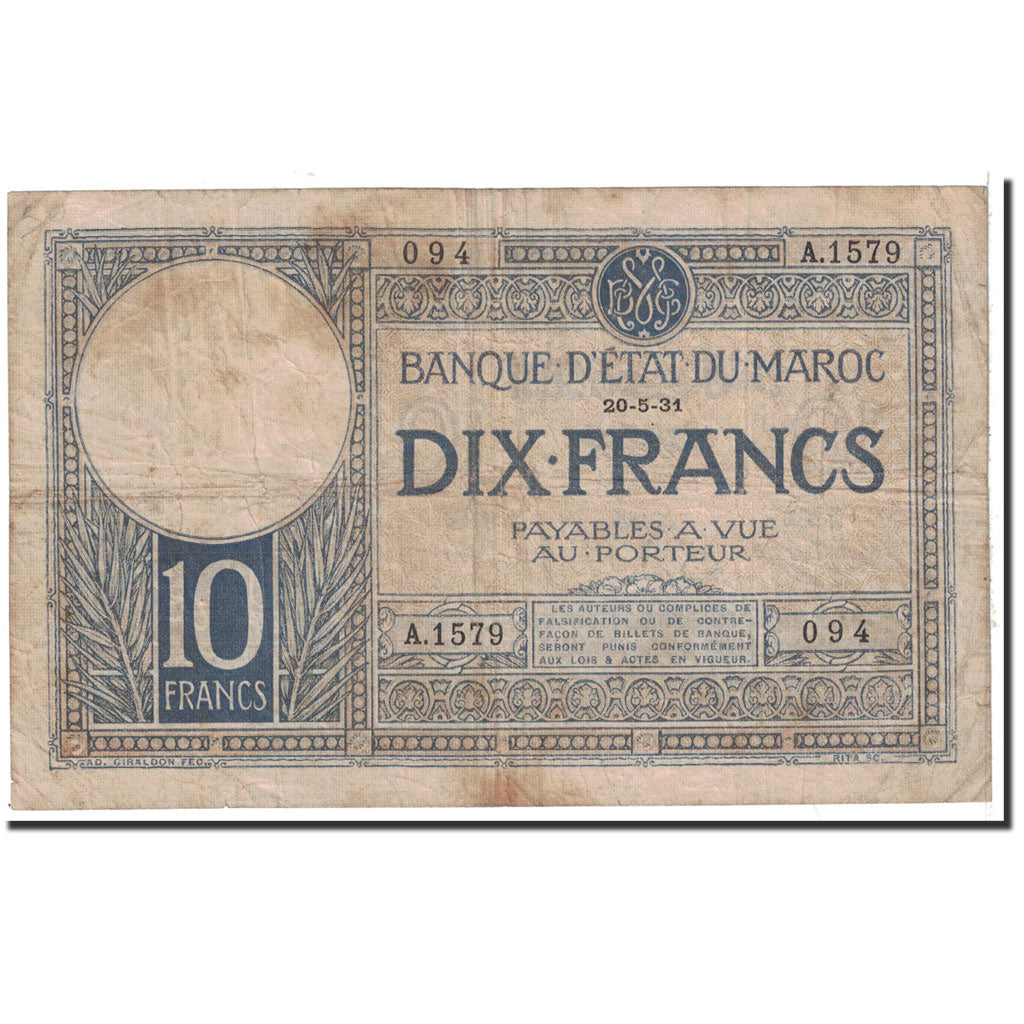 Banknote, Morocco, 10 Francs, 1931, 1931-05-20, KM:17a, VF(20-25)
