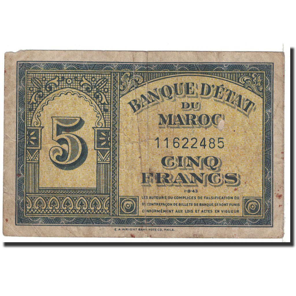 Banknote, Morocco, 5 Francs, 1943, 1943-08-01, KM:24, VG(8-10)