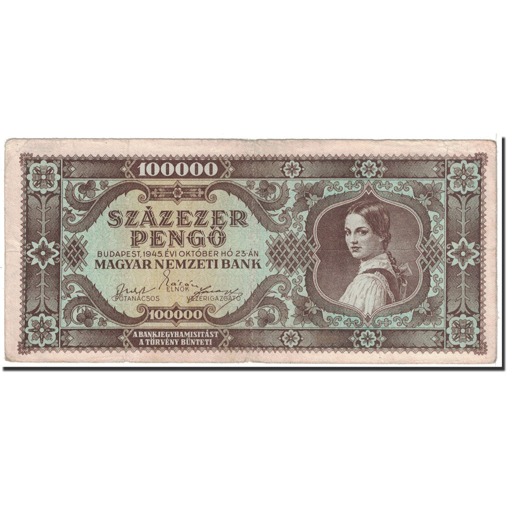Banknote, Hungary, 100,000 Pengö, 1945, 1945-10-23, KM:121a, VF(30-35)