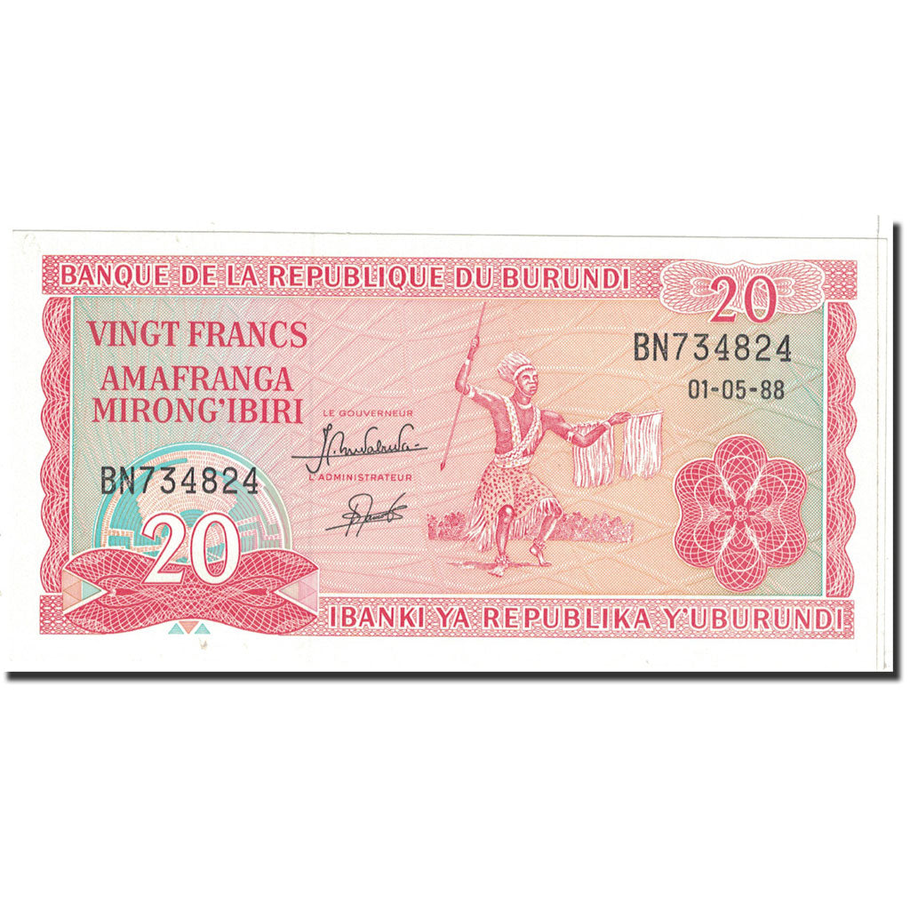 Billet, Burundi, 20 Francs, 1988, 1988-05-01, KM:27b, SPL