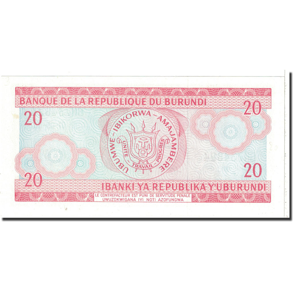 Billet, Burundi, 20 Francs, 1988, 1988-05-01, KM:27b, SPL