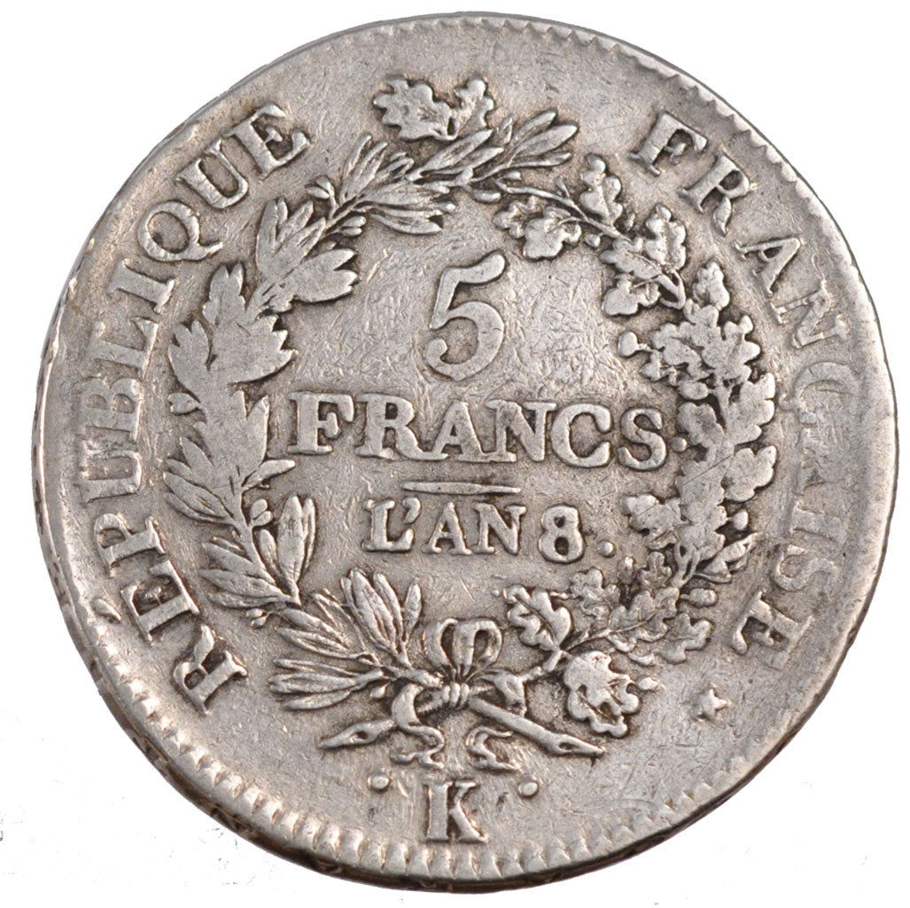 FRANCE, Union et Force, 5 Francs, 1799, Bordeaux, KM #639.5, VF(20-25), Silver,.