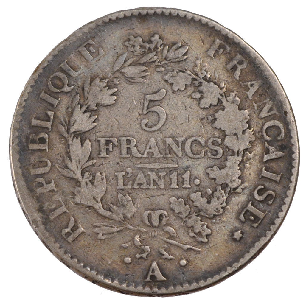 FRANCE, 5 Francs, 1802, Paris, VG(8-10), Silver, Gadoury #563a, 24.60