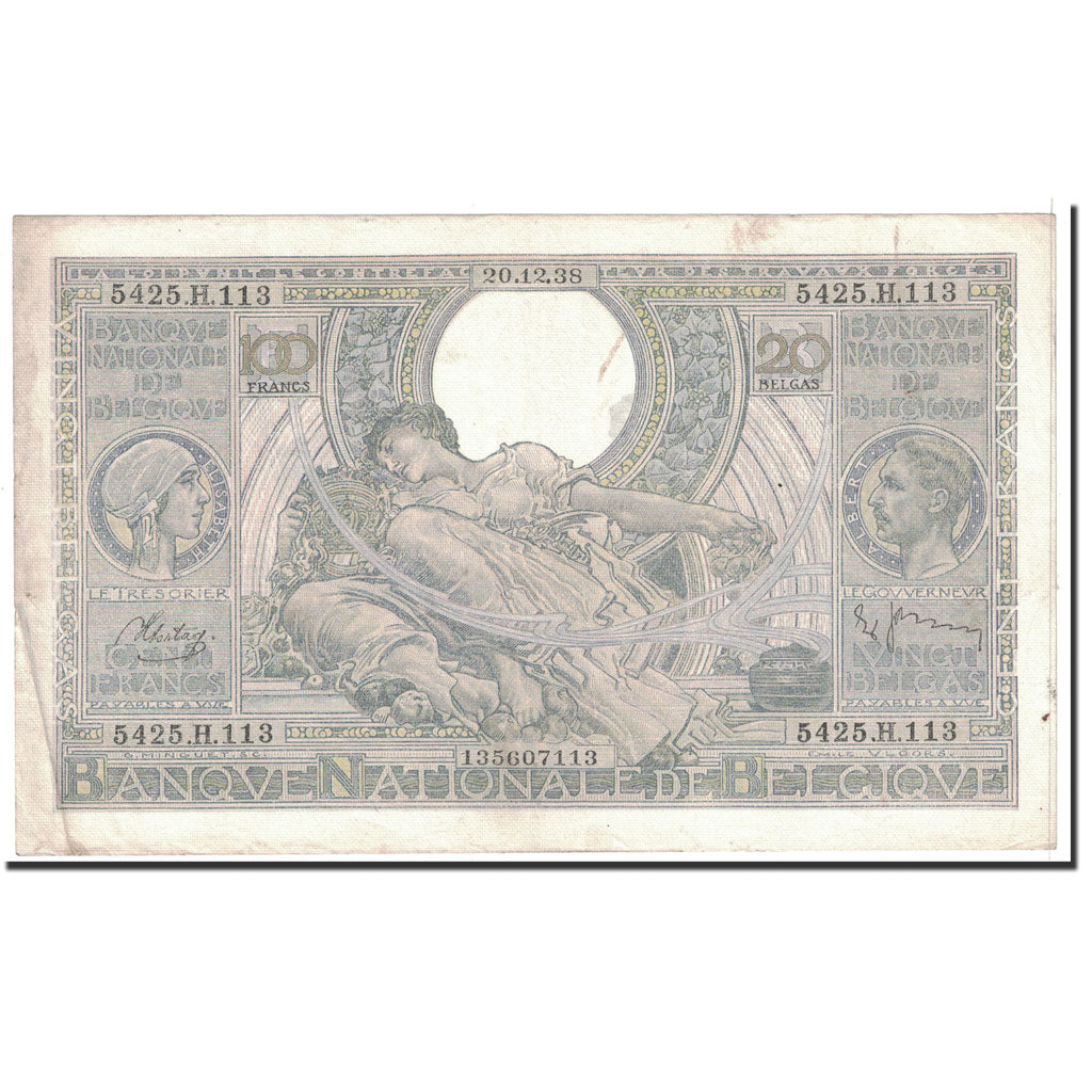 Billet, Belgique, 100 Francs-20 Belgas, 1938, 1938-12-20, KM:107, TTB