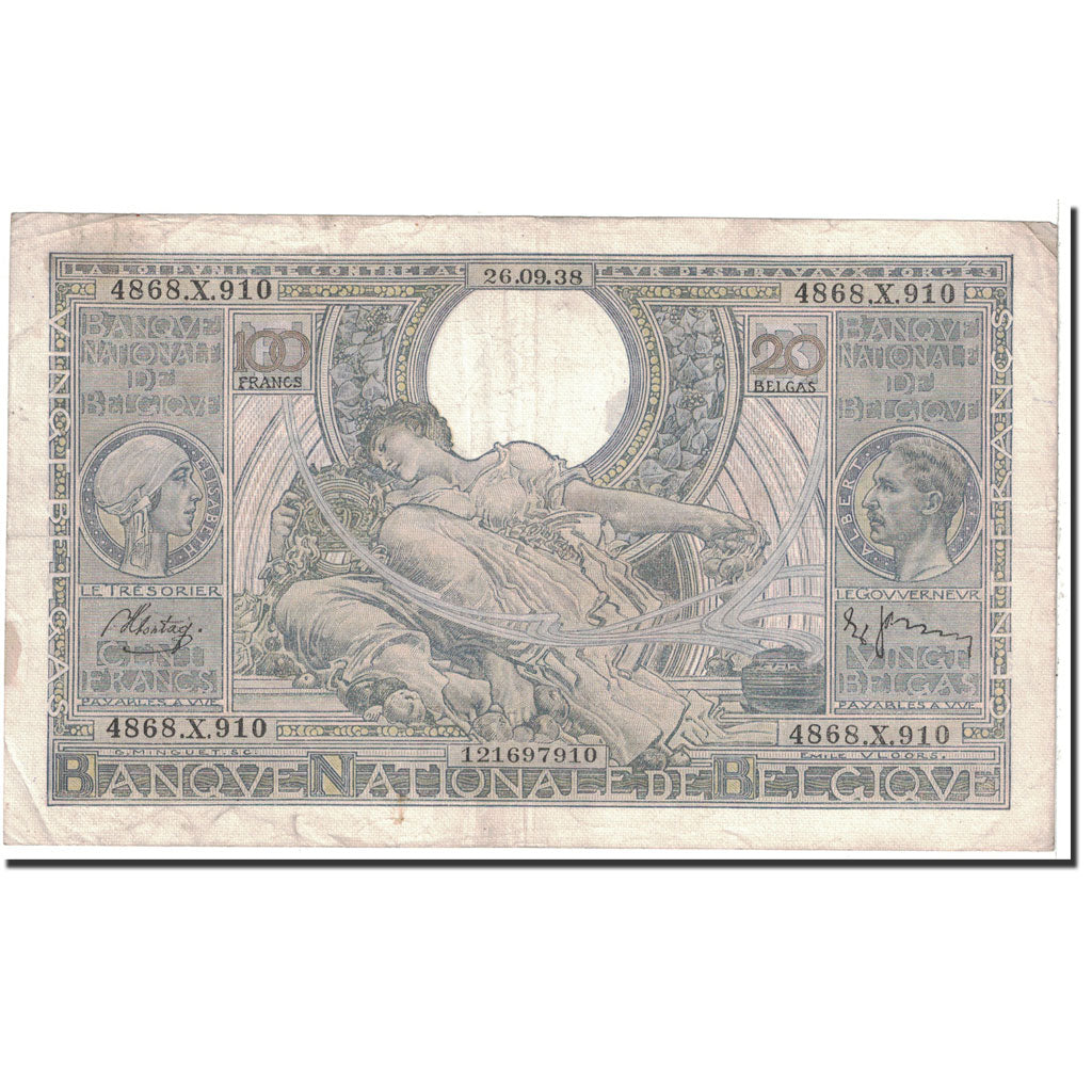 Banknote, Belgium, 100 Francs-20 Belgas, 1938, 1938-09-26, KM:107, EF(40-45)