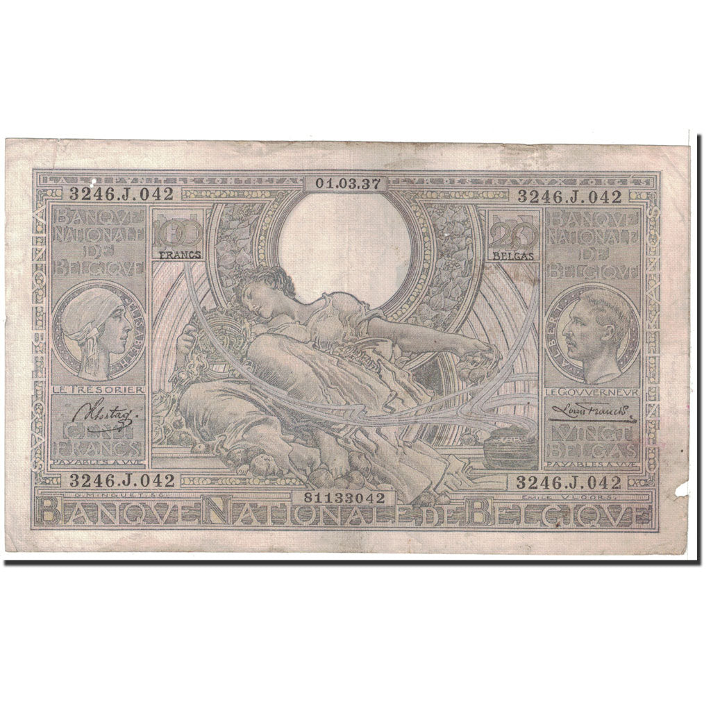 Banknote, Belgium, 100 Francs-20 Belgas, 1937, 1937-03-01, KM:107, VF(20-25)