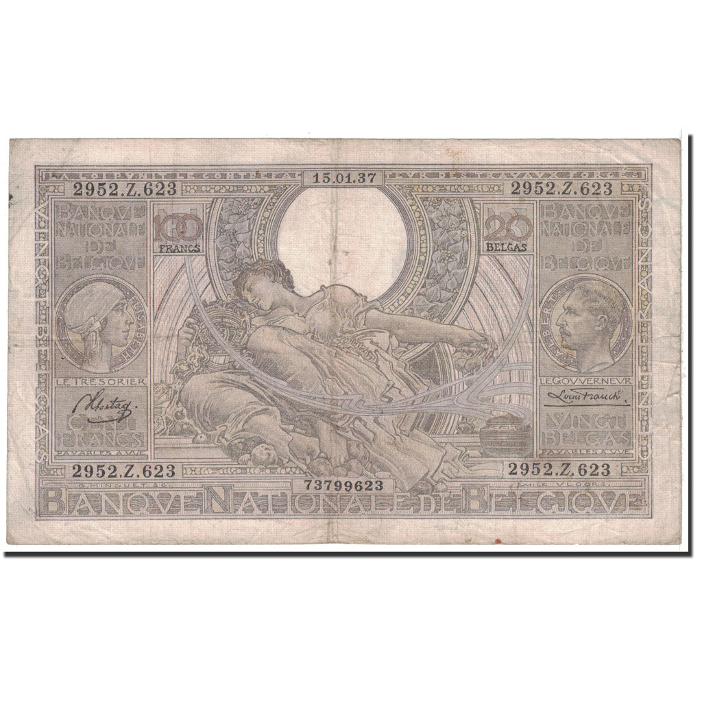 Banknote, Belgium, 100 Francs-20 Belgas, 1937, 1937-01-15, KM:107, VF(20-25)