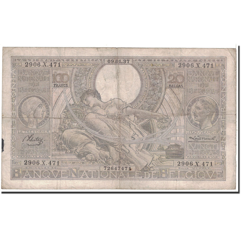 Banknote, Belgium, 100 Francs-20 Belgas, 1937, 1937-01-09, KM:107, VF(20-25)