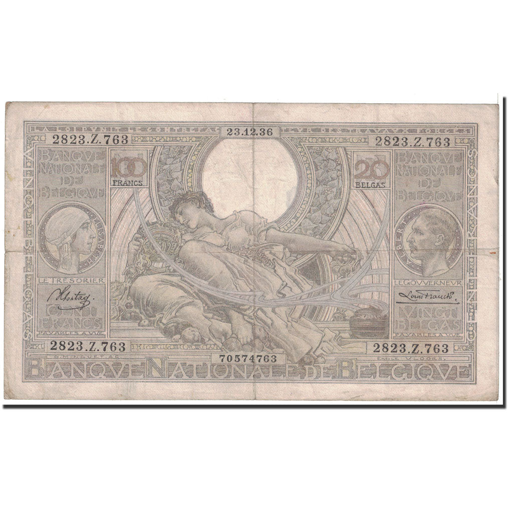 Banknote, Belgium, 100 Francs-20 Belgas, 1936, 1936-12-23, KM:107, VF(30-35)