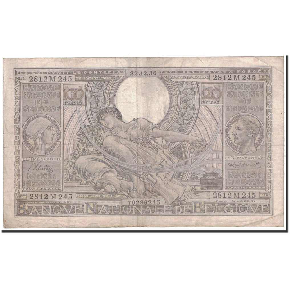 Banknote, Belgium, 100 Francs-20 Belgas, 1936, 1936-12-22, KM:107, VF(30-35)