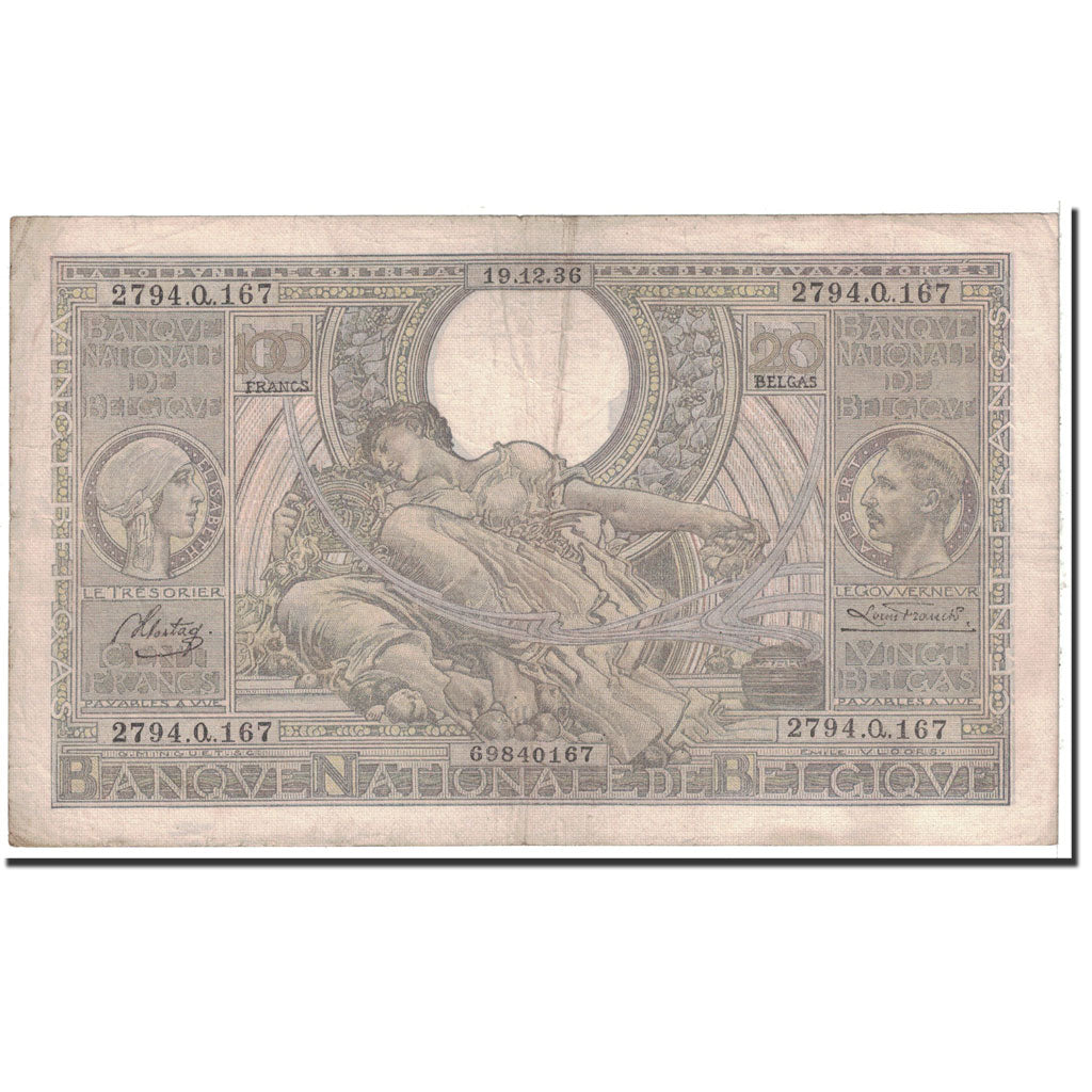 Banknote, Belgium, 100 Francs-20 Belgas, 1936, 1936-12-19, KM:107, EF(40-45)