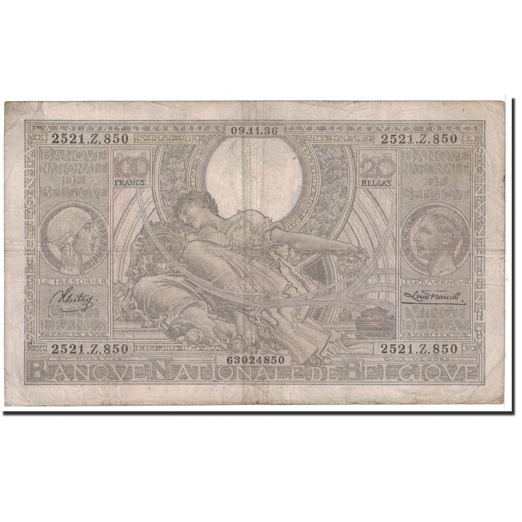 Banknote, Belgium, 100 Francs-20 Belgas, 1936, 1936-11-09, KM:107, VF(20-25)