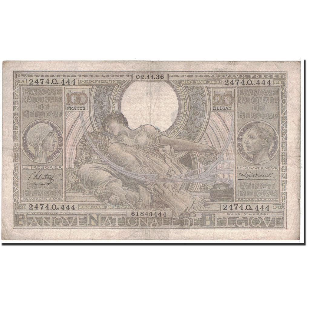 Banknote, Belgium, 100 Francs-20 Belgas, 1936, 1936-11-02, KM:107, VF(30-35)