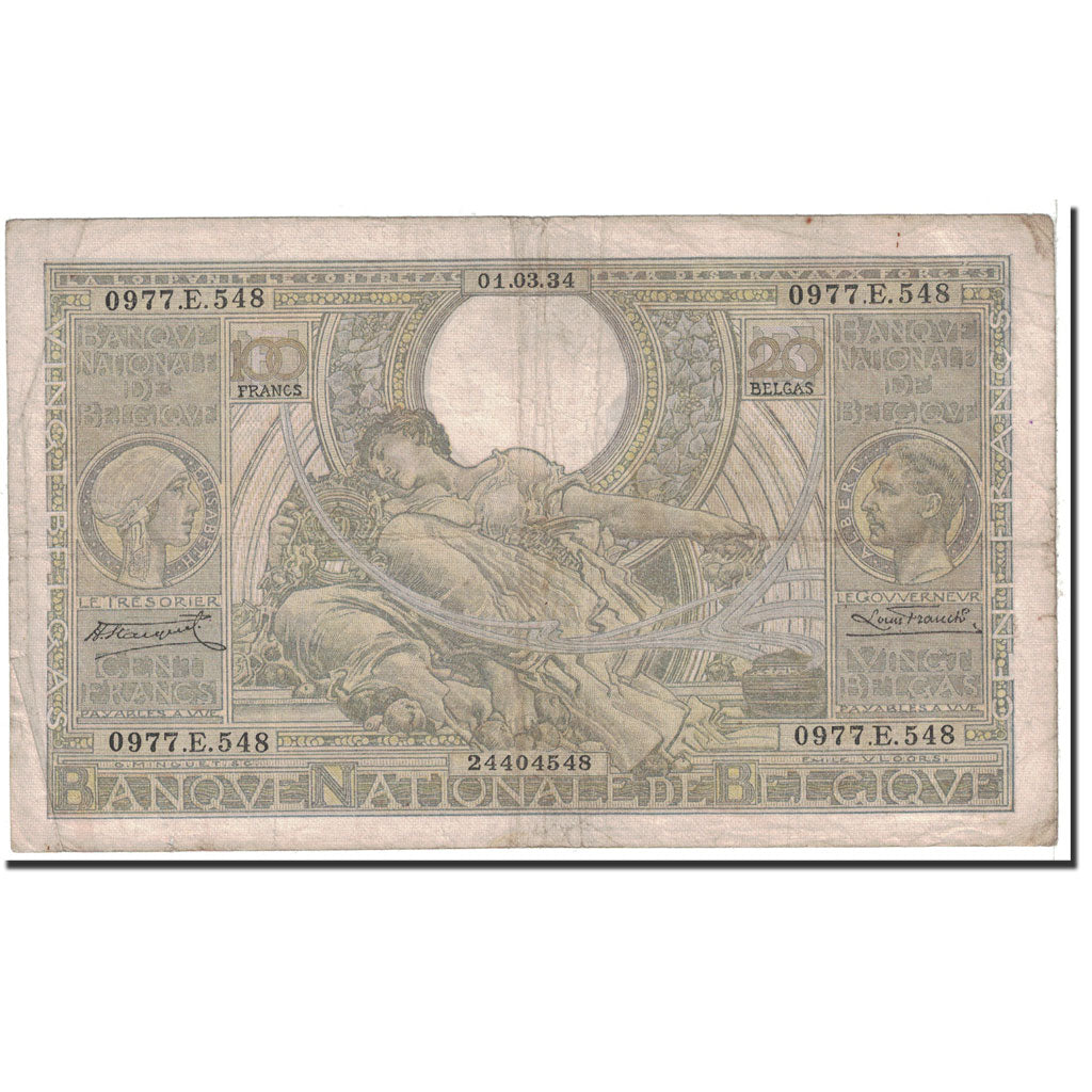 Banknote, Belgium, 100 Francs-20 Belgas, 1934, 1934-03-01, KM:107, VF(30-35)
