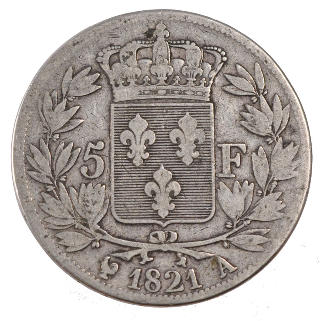 FRANCE, Louis XVIII, 5 Francs, 1821, Paris, VF(20-25), Silver, Gadoury #614,...