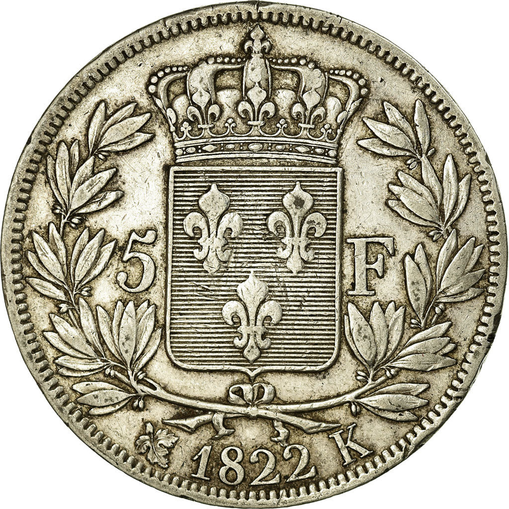 Coin, France, Louis XVIII, 5 Francs, 1822, Bordeaux, EF(40-45), Silver