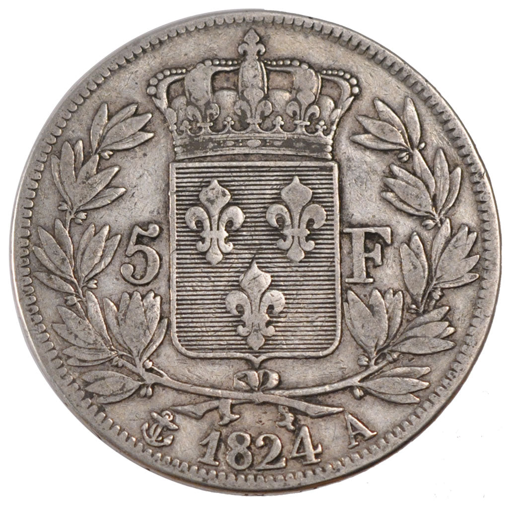 FRANCE, Louis XVIII, 5 Francs, 1824, Paris, KM #711.1, VF(30-35), Silver,...