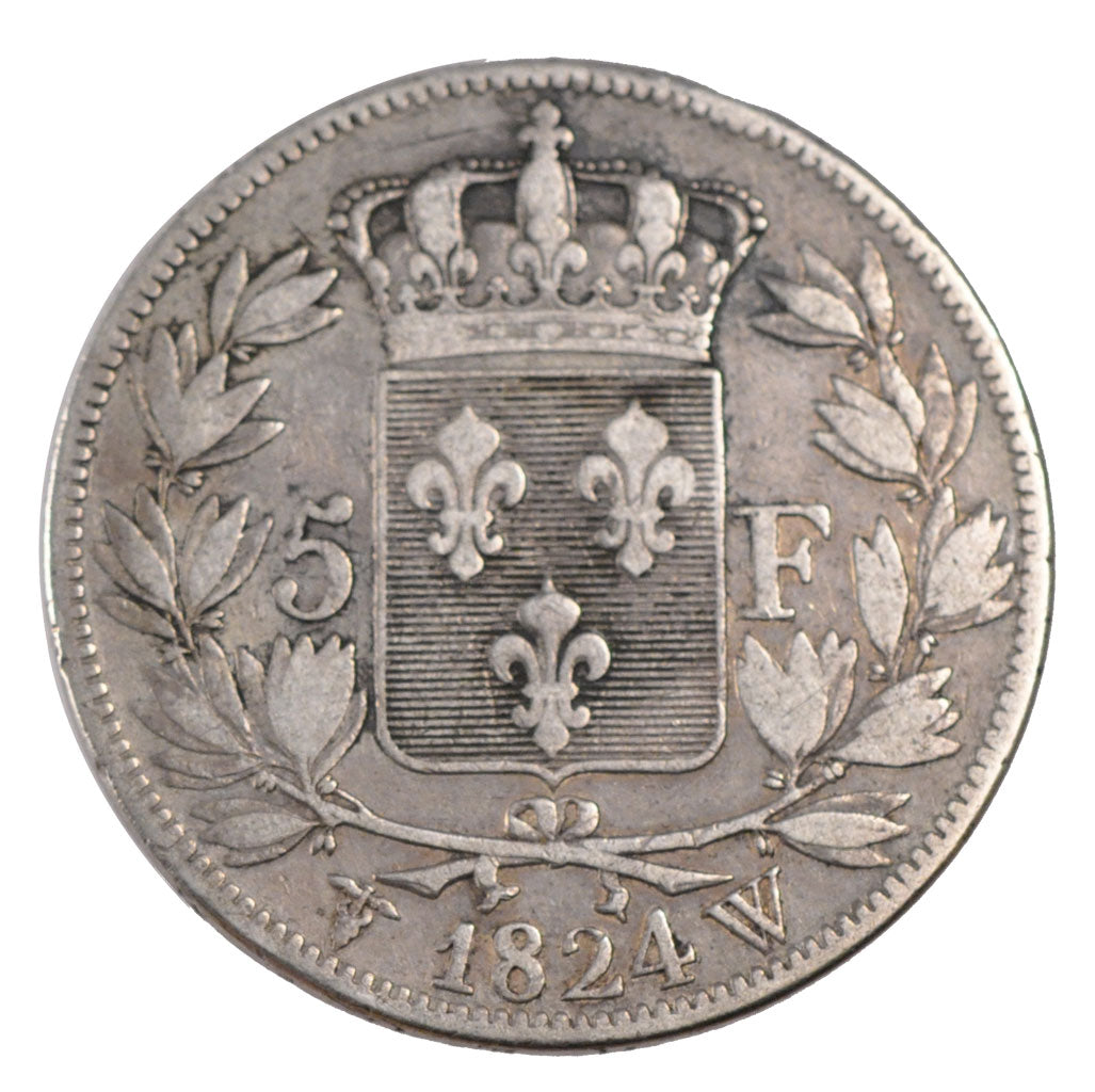 FRANCE, 5 Francs, 1824, Lille, VF(30-35), Silver, Gadoury #614, 25.20