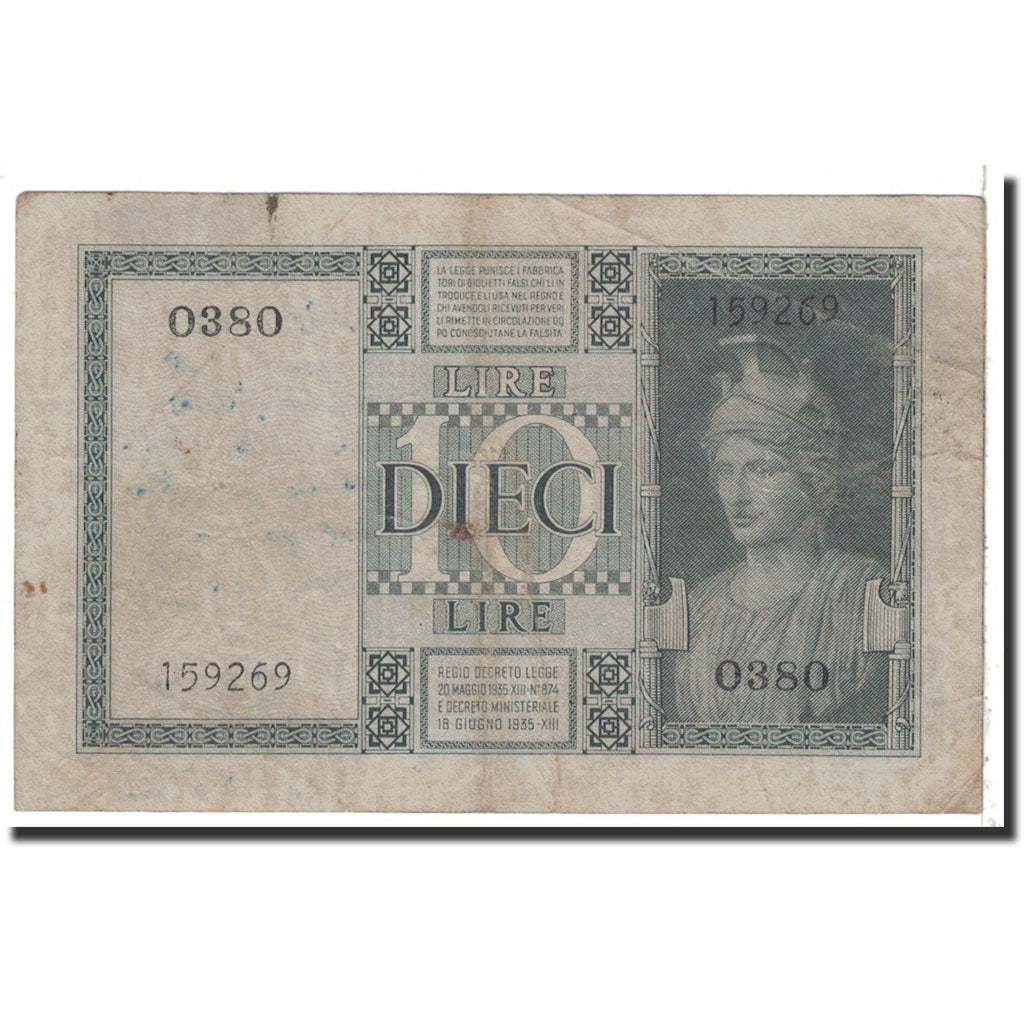 Banknote, Italy, 10 Lire, 1938, KM:25b, VF(20-25)