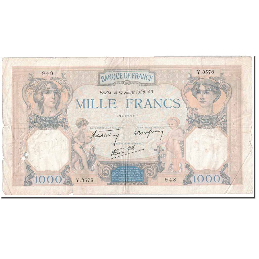 France, 1000 Francs, 1938, 1938-07-15, VF(20-25), Fayette:38.23, KM:90c
