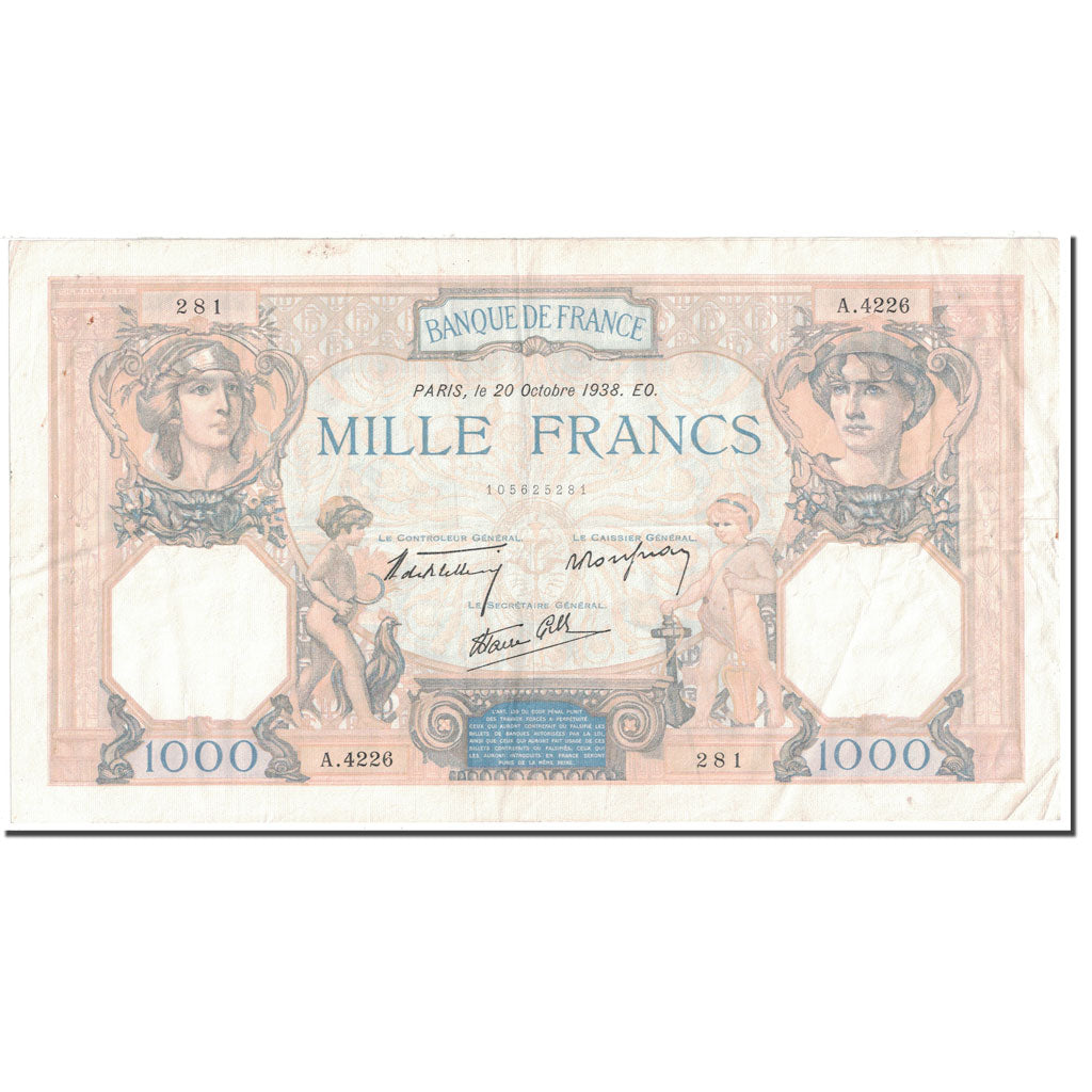 France, 1000 Francs, 1938, 1938-10-20, EF(40-45), Fayette:38.30, KM:90c