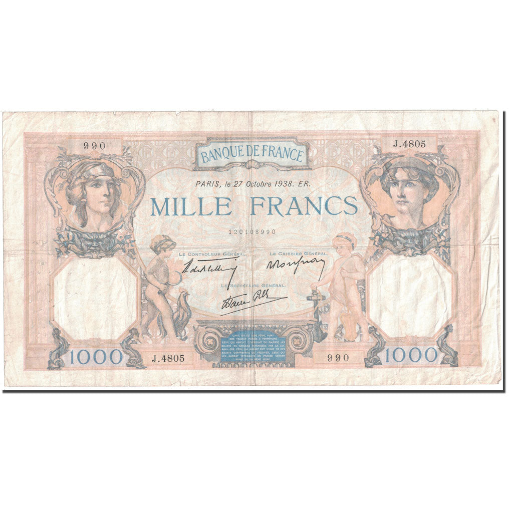 France, 1000 Francs, 1938, 1938-10-27, VF(30-35), Fayette:38.31, KM:90c