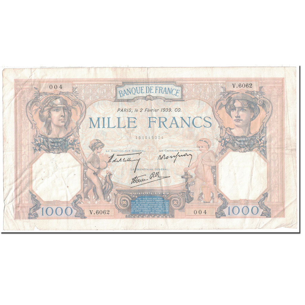 France, 1000 Francs, 1939, 1939-02-02, EF(40-45), Fayette:38.34, KM:90c