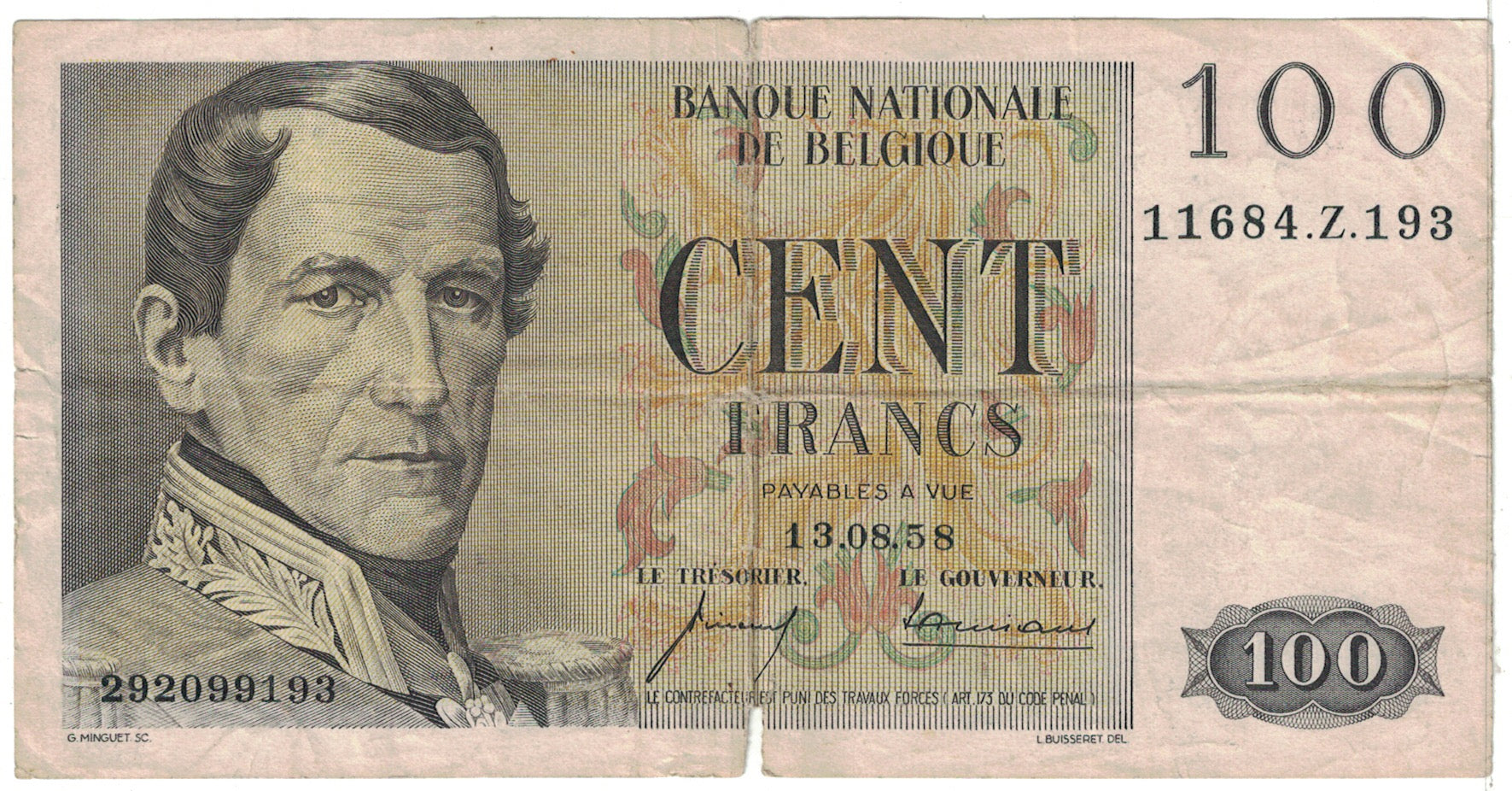 Banknote, Belgium, 100 Francs, 1958, 1958-08-13, KM:129c, VF(20-25)