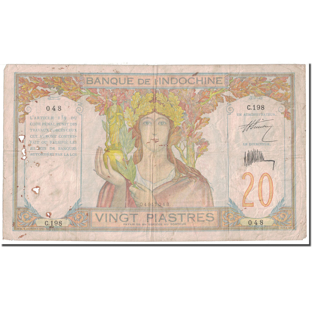 Banknote, FRENCH INDO-CHINA, 20 Piastres, 1928, KM:50, VG(8-10)