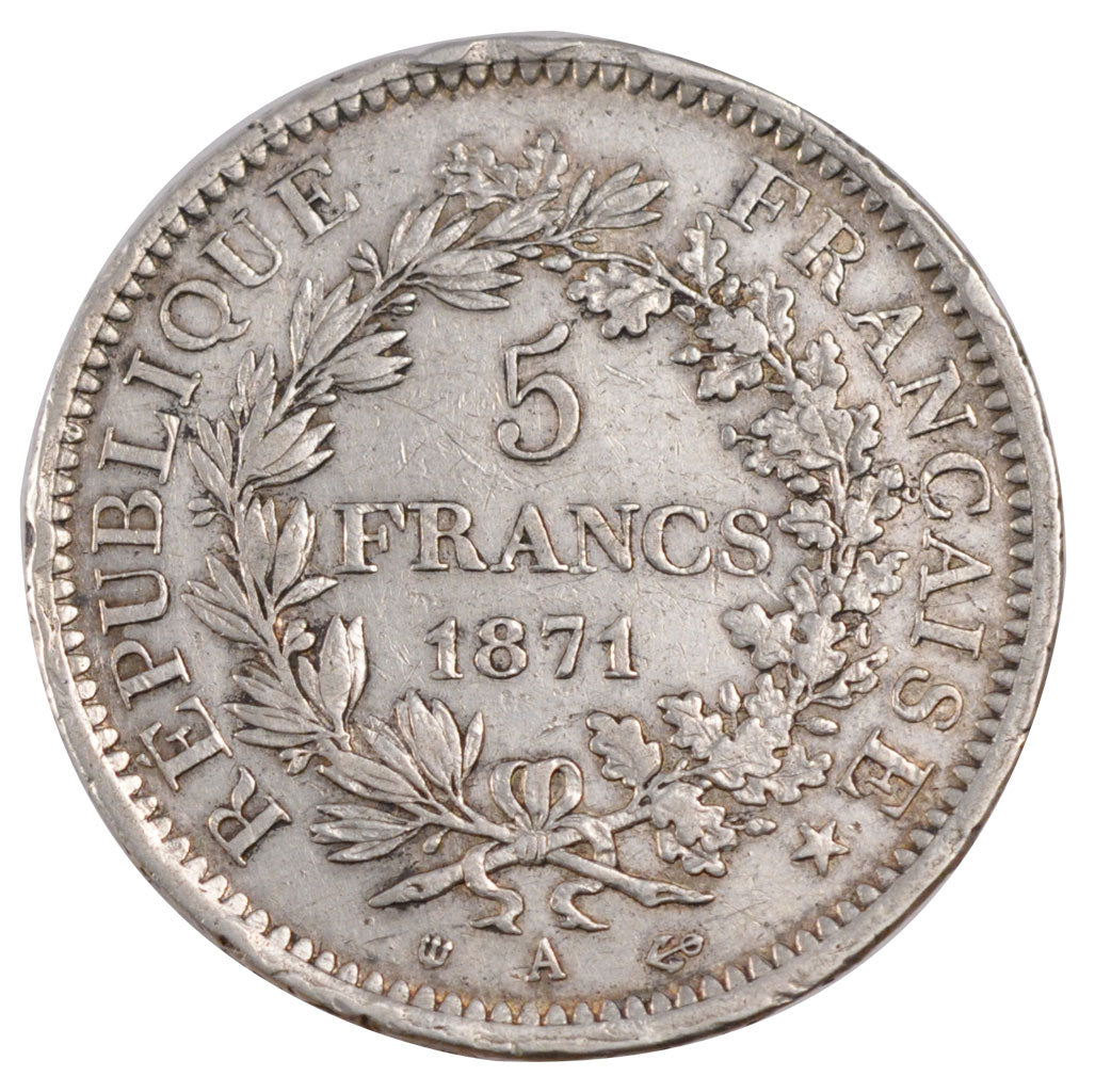 FRANCE, Hercule, 5 Francs, 1871, Paris, KM #823, AU(50-53), Silver, Gadoury...