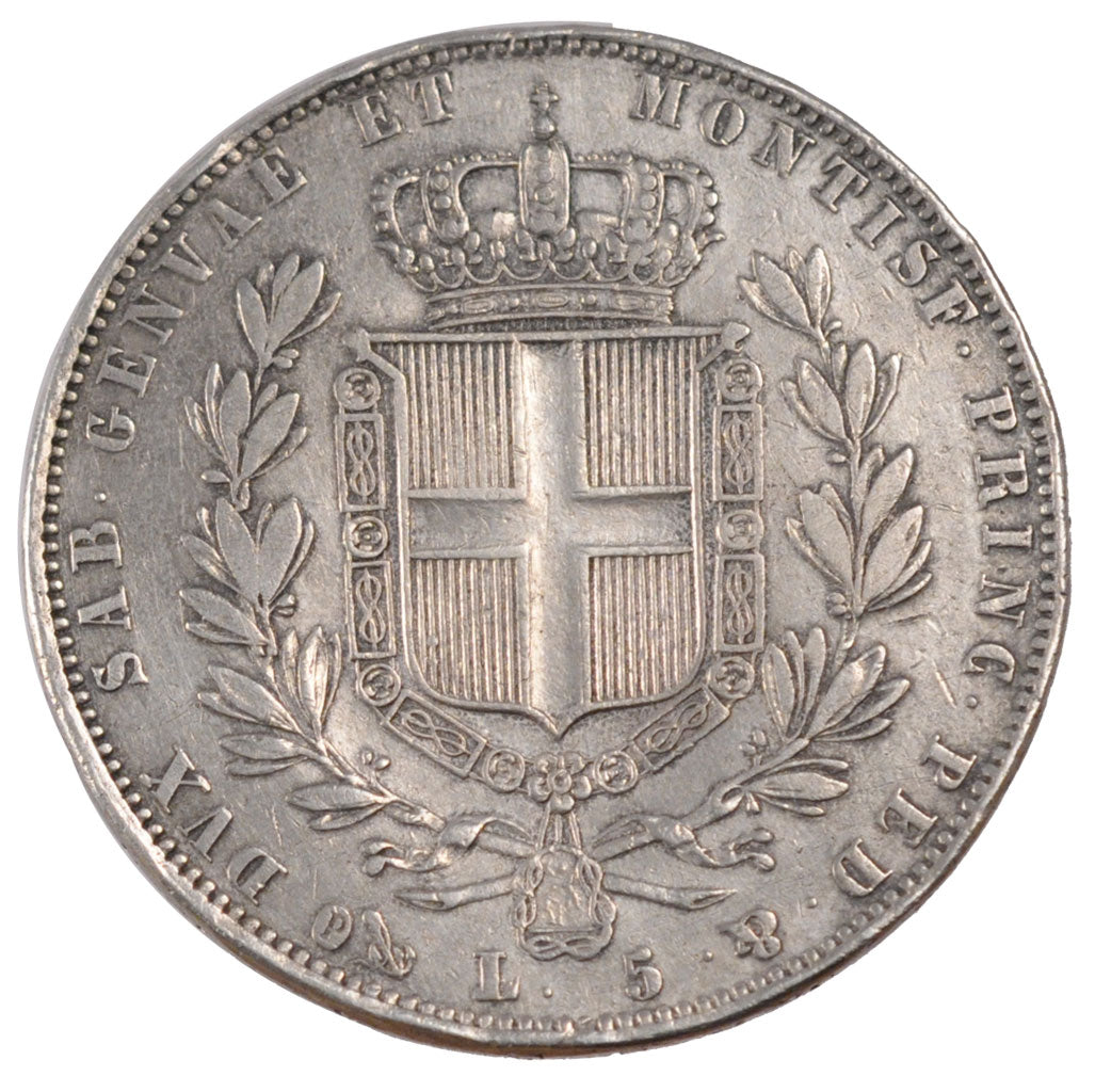 Italy, 5 Lire, 1843, Turin, KM #C 13.3, EF(40-45), Silver, 24.80