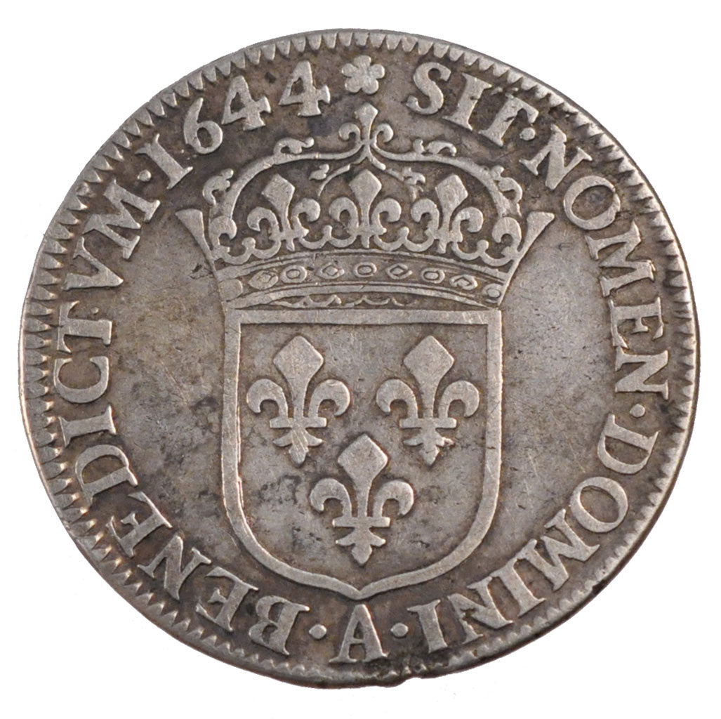 FRANCE, 1/4 Écu à la mèche courte, 1/4 ECU, 1644, Paris, KM #161.1, VF(30-35), S