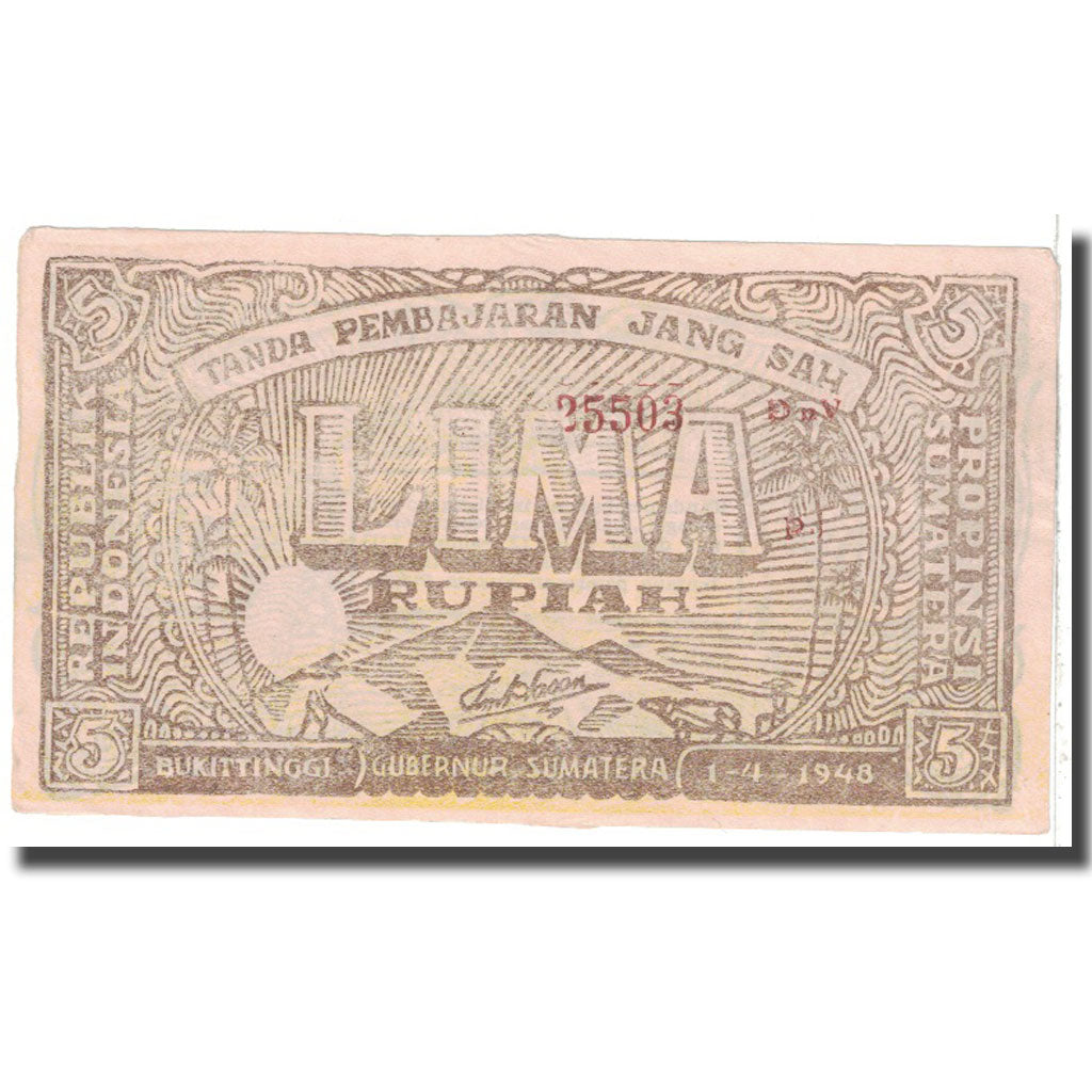 Banknote, Indonesia, 5 Rupiah, 1948, 1948-04-01, KM:S192c, AU(50-53)