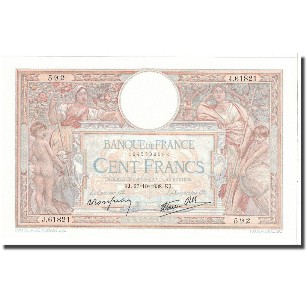 France, 100 Francs, 1938, 1938-10-27, UNC(63), Fayette:25.33, KM:86b