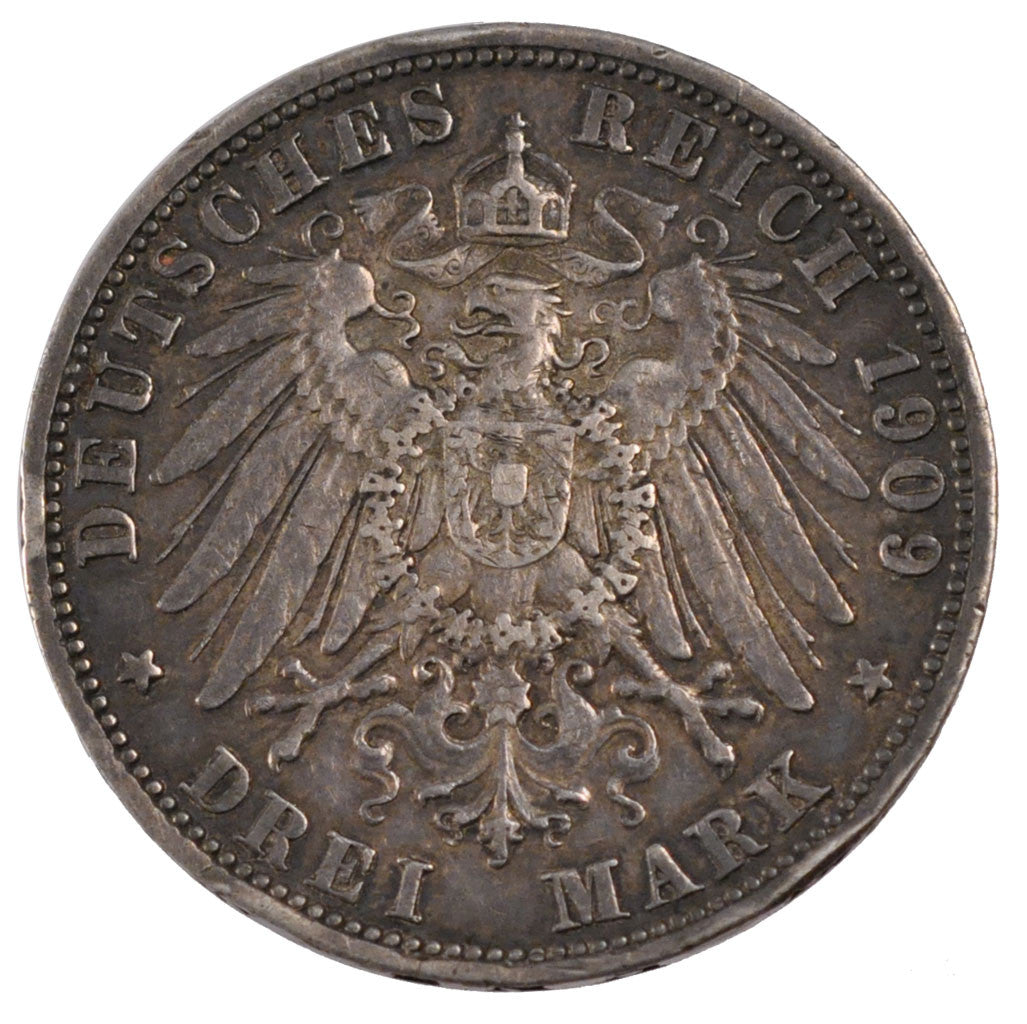 GERMAN STATES, 3 Mark, 1909, Berlin, KM #527, EF(40-45), Silver, 33, 16.64
