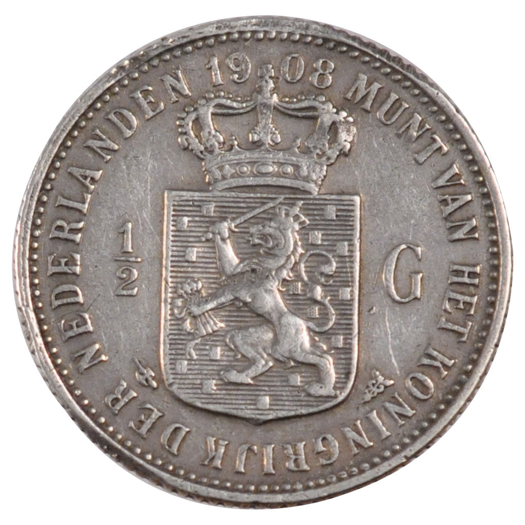 NETHERLANDS, 1/2 Gulden, 1908, KM #121.2, EF(40-45), Silver, 22, 4.96