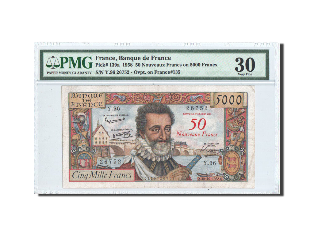 Banknote, France, 50 Nouveaux Francs on 5000 Francs, 1955-1959 Overprinted with