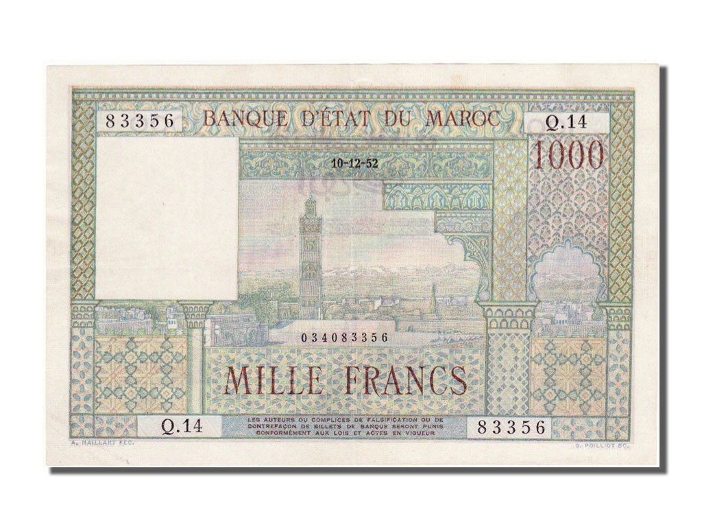 Morocco, 1000 Francs, 1952, 1952-12-10, AU(55-58), Q 14